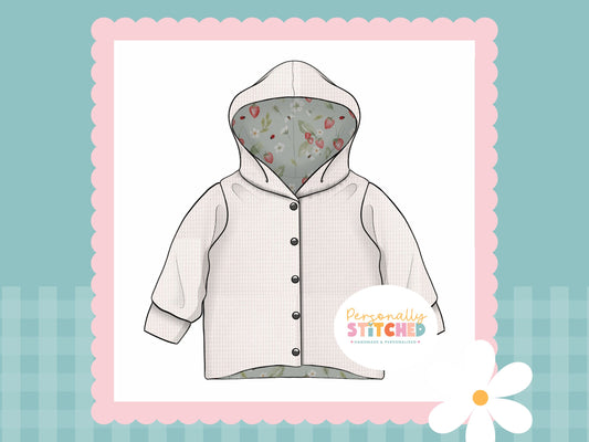 Strawberry Meadow Print & White Waffle Knit Hooded Cardigan (Handmade To Order)