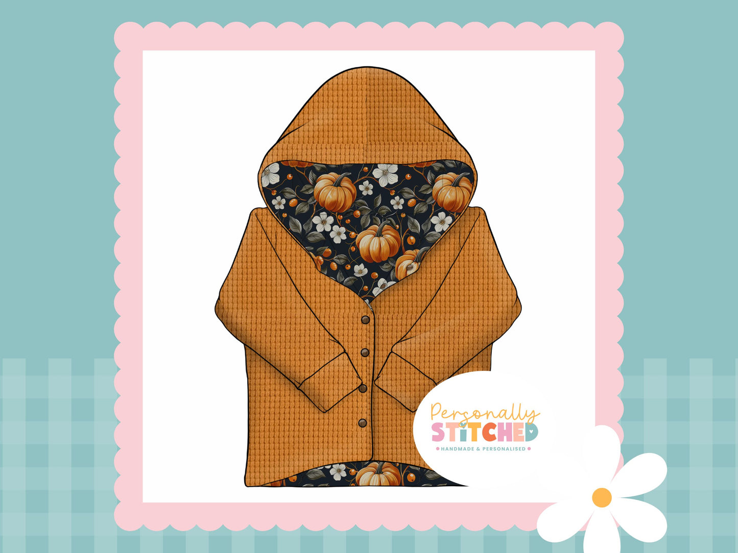 Pumpkin Flowers Print & Waffle Knit Hooded Cardigan (Handmade To Order)