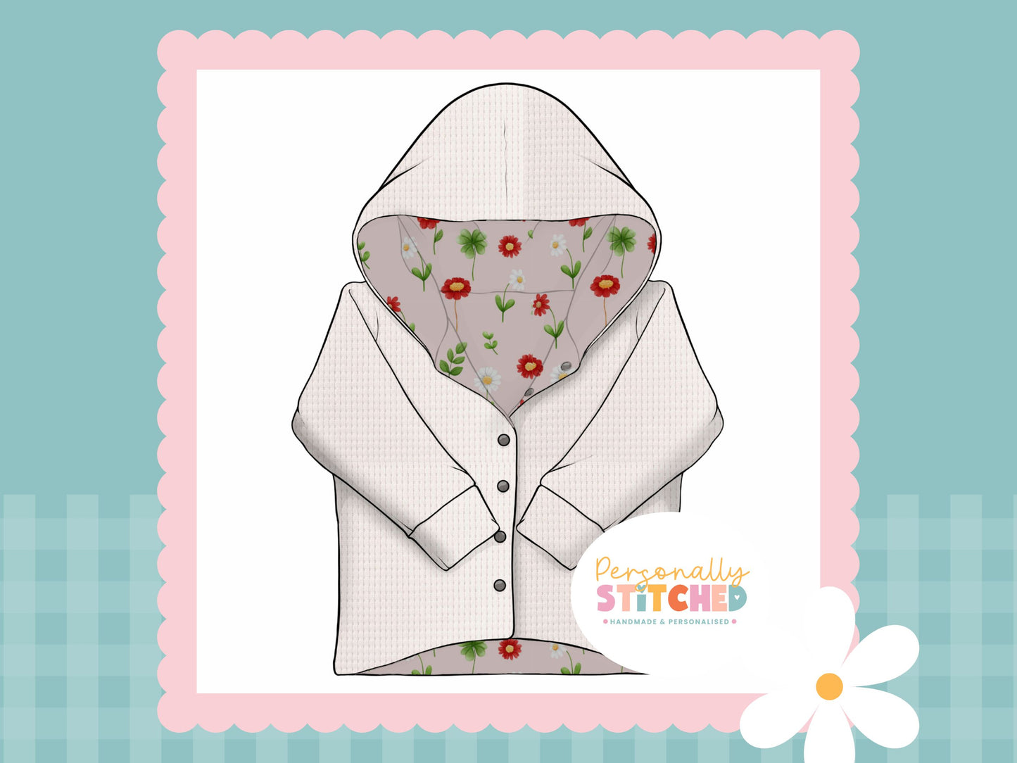 Ladybird Flowers Print & White Waffle Knit Hooded Cardigan (Handmade To Order)