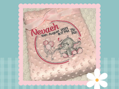 Birth Details Keepsake Blanket | Elle The Elephant | Embroidered