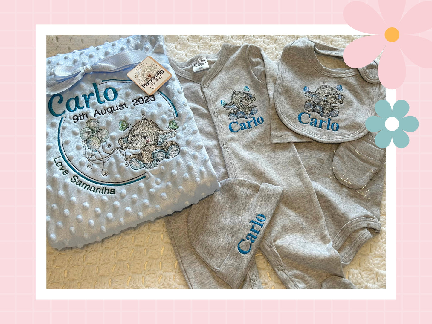 5 Piece Personalised Layette Set ✭ Elle The Elephant Design