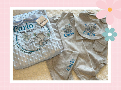 5 Piece Personalised Layette Set | Elle The Elephant Design | Embroidered