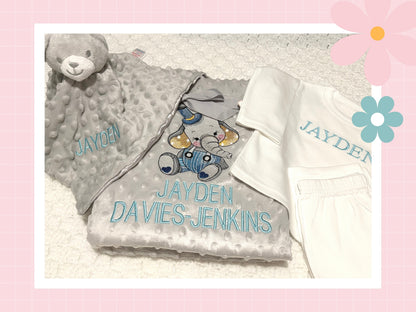 Personalised Dimple Fleece Blanket | Boy Elephant | Embroidered