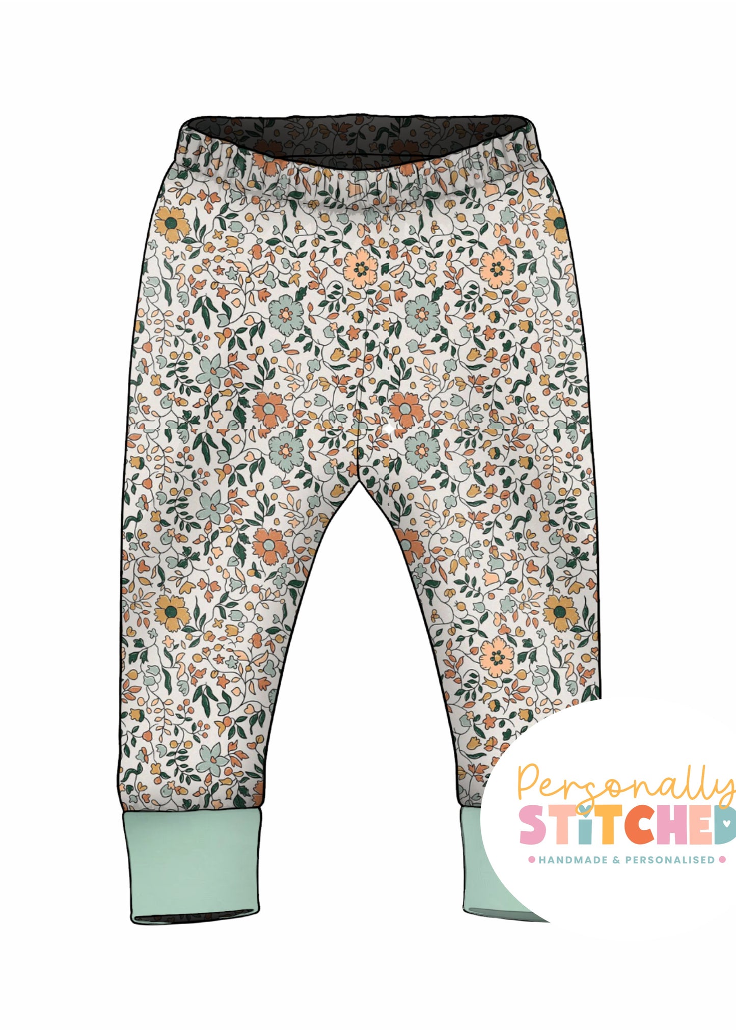 Autumn Boho Floral Organic Cotton Jersey Cuff Leggings