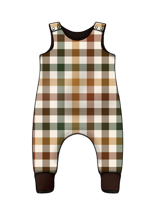 Handmade autumn plaid baby romper with shoulder poppers – fall toddler outfit
