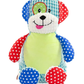 Colorful plush dog toy with a white background