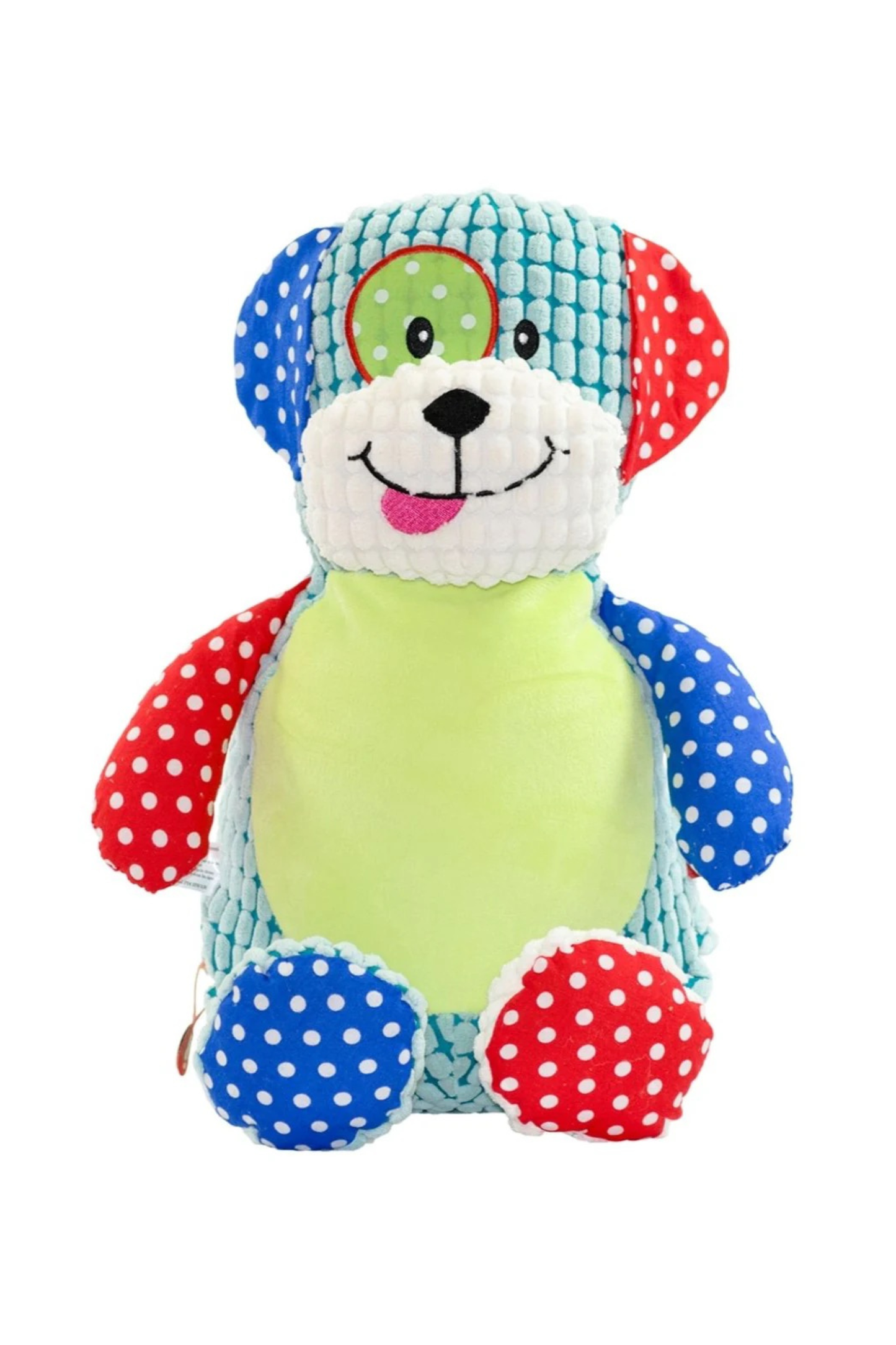 Colorful plush dog toy with a white background