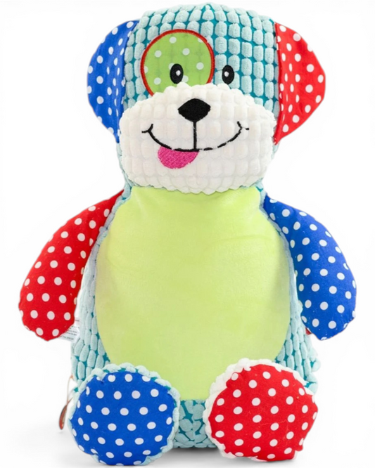 Colorful plush dog toy with a white background