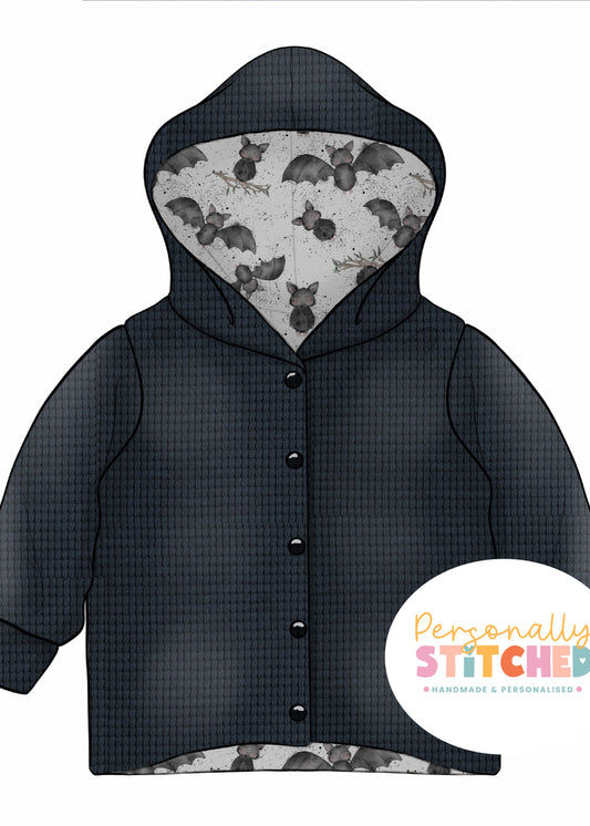 Bat Splats Print & Dark Grey Waffle Knit Hooded Cardigan