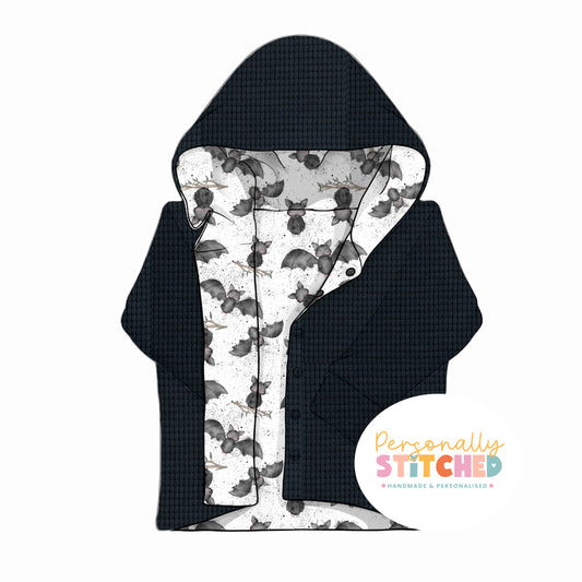 Bat Splats Print & Dark Grey Waffle Knit Hooded Cardigan