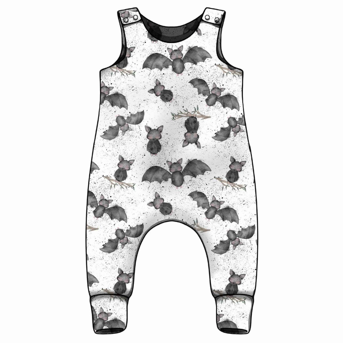 Baby romper with bat pattern on a white background