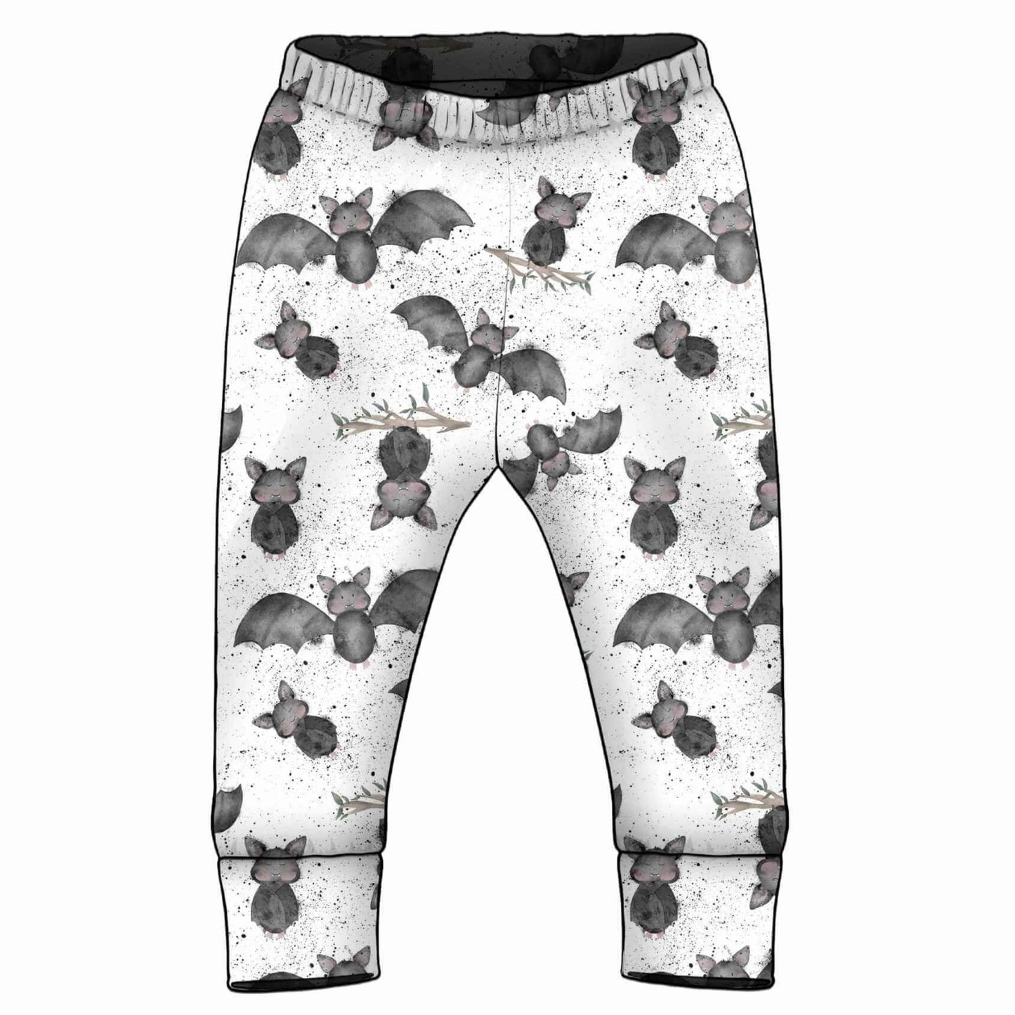Children's leggings with an all-over bat print in shades of grey, featuring an elastic waistband and ankle cuffs.