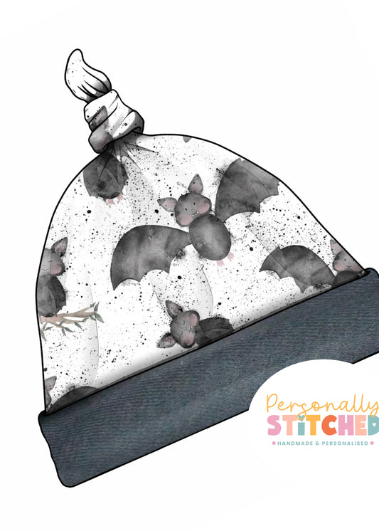 Bats Splats Print Handmade Tie Knot Baby Hat