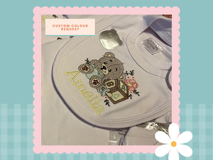 5 Piece Personalised Layette Set | Bear Design | Embroidered