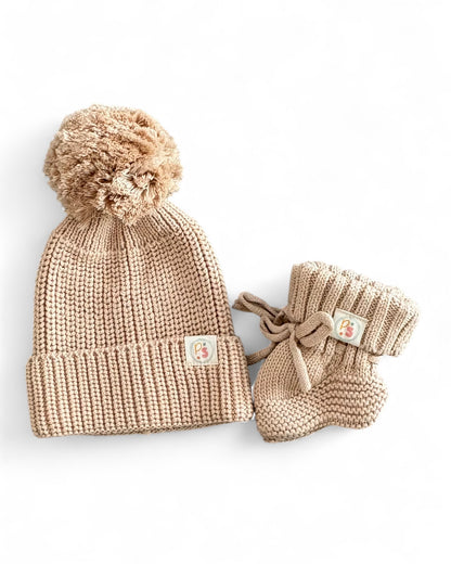 Beige | Organic Knit Baby Hat, Headband & Bootie Set | NB-6 Months
