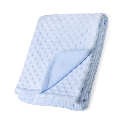 Folded light blue baby blanket on a white background