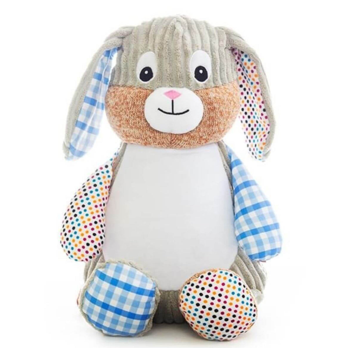 Blue cheque sensory bunny soft toy with personalised name embroidery