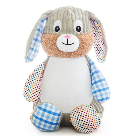 Blue cheque sensory bunny soft toy with personalised name embroidery