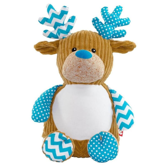 Blue harlequin patchwork reindeer soft toy with personalised name embroidery