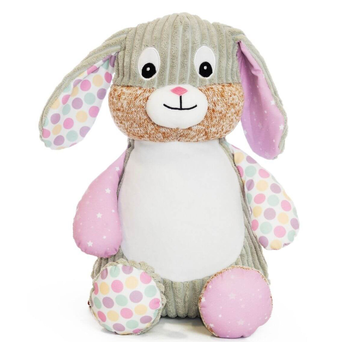 Bubblegum pink sensory bunny soft toy with embroidered personalised name
