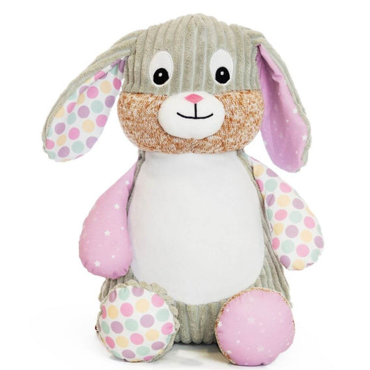 Bubblegum pink sensory bunny soft toy with embroidered personalised name