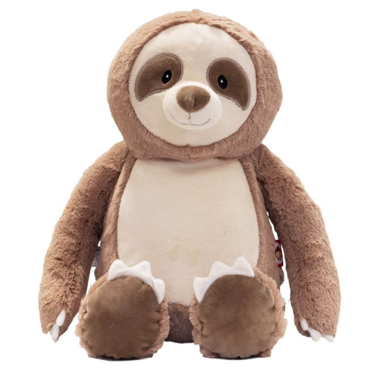 Clingy the sloth soft toy with long arms and embroidered personalised name