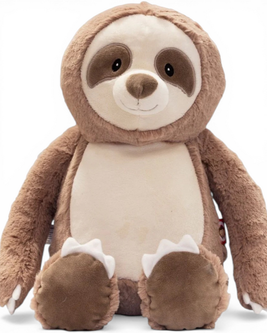 Plush toy sloth on a white background