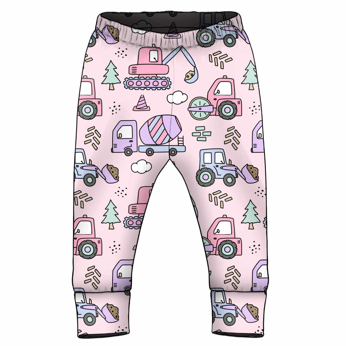 Children's pants with colorful truck pattern on a pink background