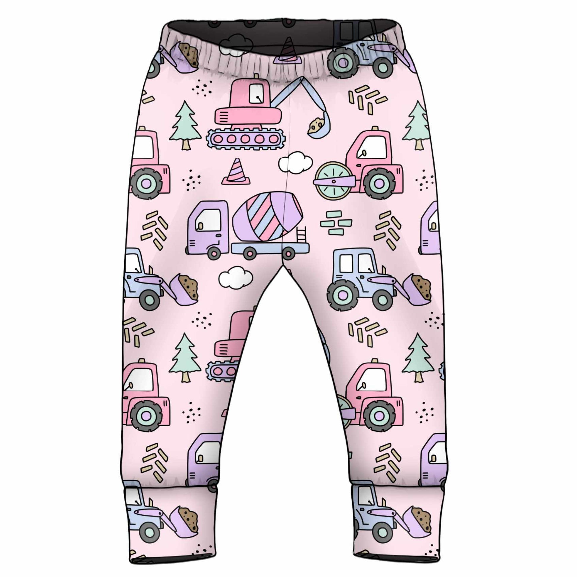 Children's pants with colorful truck pattern on a pink background