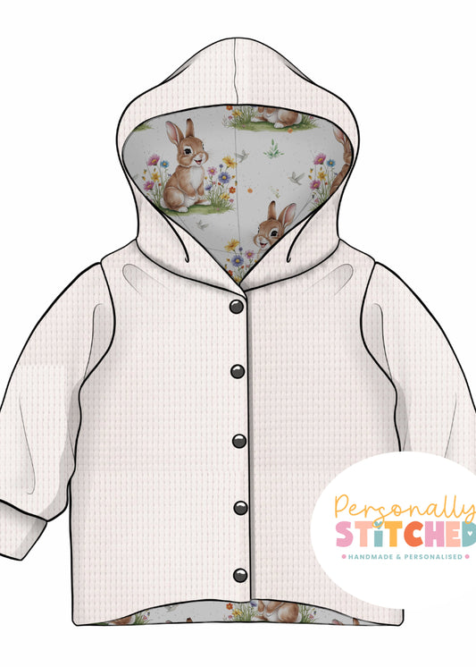 Exclusive Cutie Rabbit Print Waffle Knit Hooded Cardigan