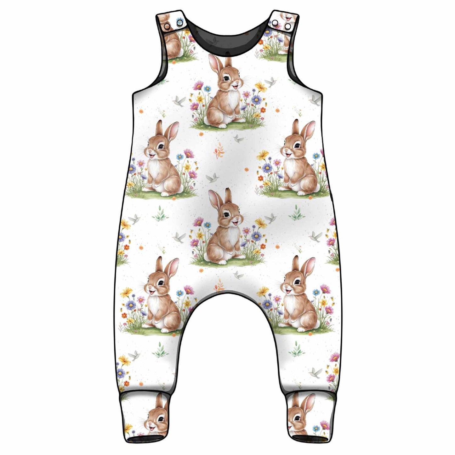 Children's overalls with bunny and flower pattern on a white background