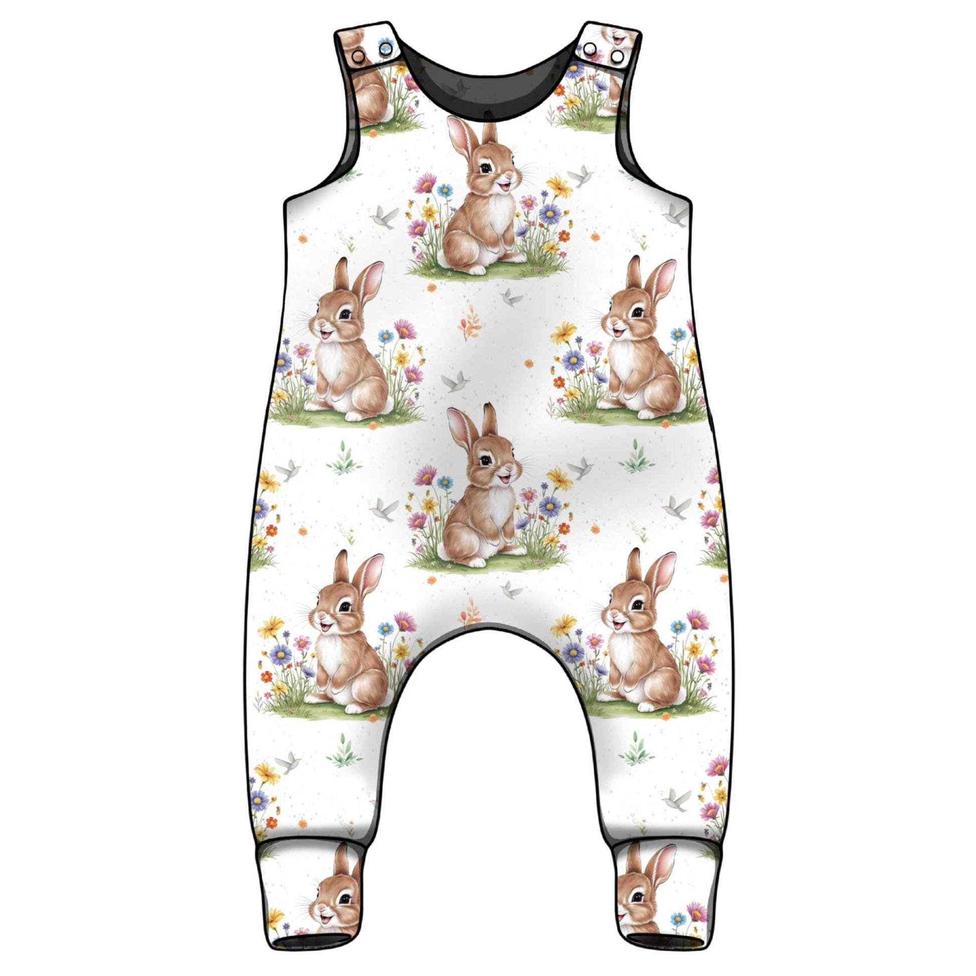 Children's overalls with bunny and flower pattern on a white background