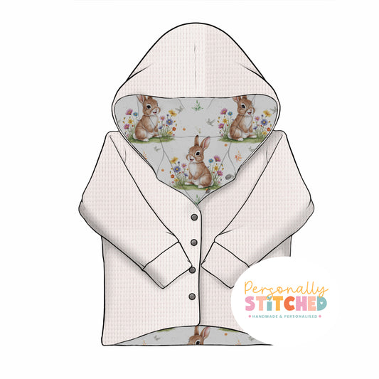Exclusive Cutie Rabbit Print Waffle Knit Hooded Cardigan