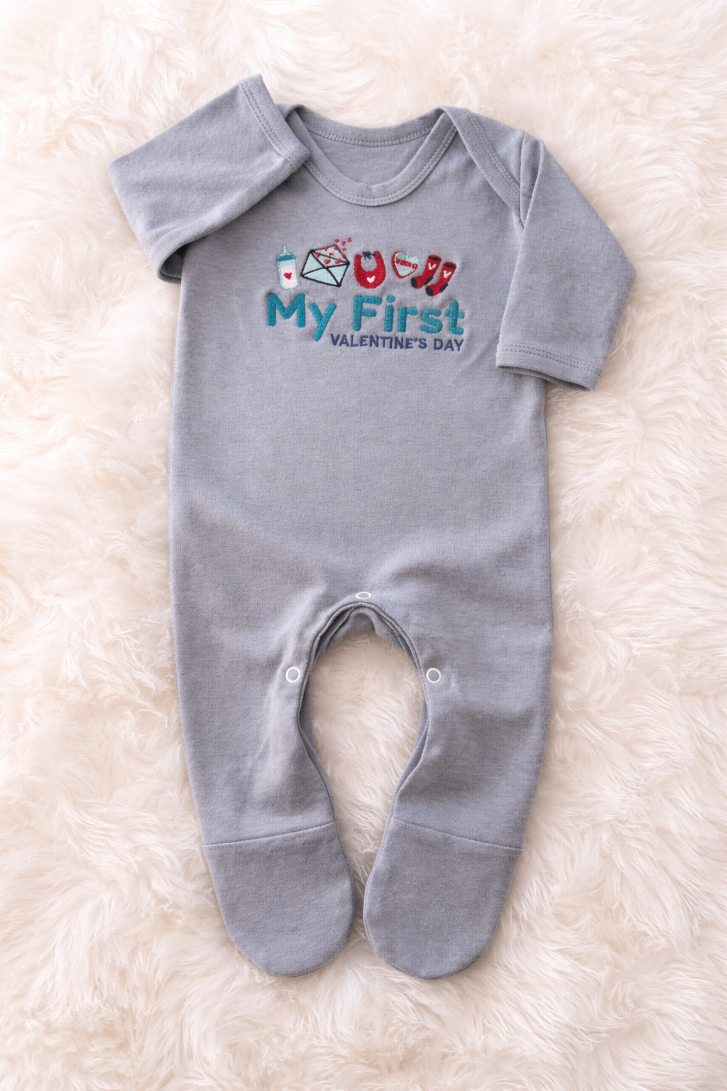 0-3 Months | My First Valentines Day Dusty Blue Romper | READY TO POST