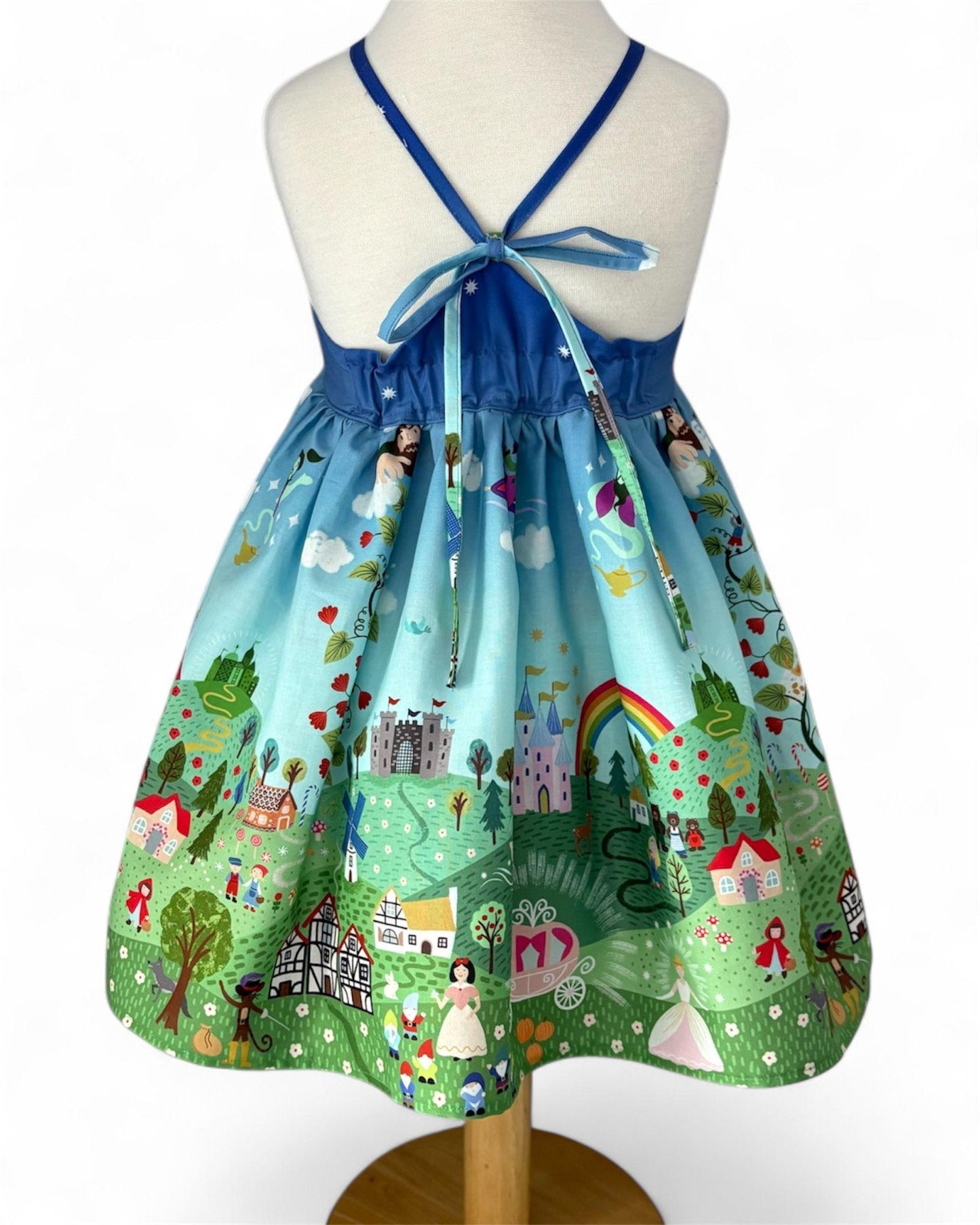 back view handmade fairytale border print girls dress adjustable tie straps