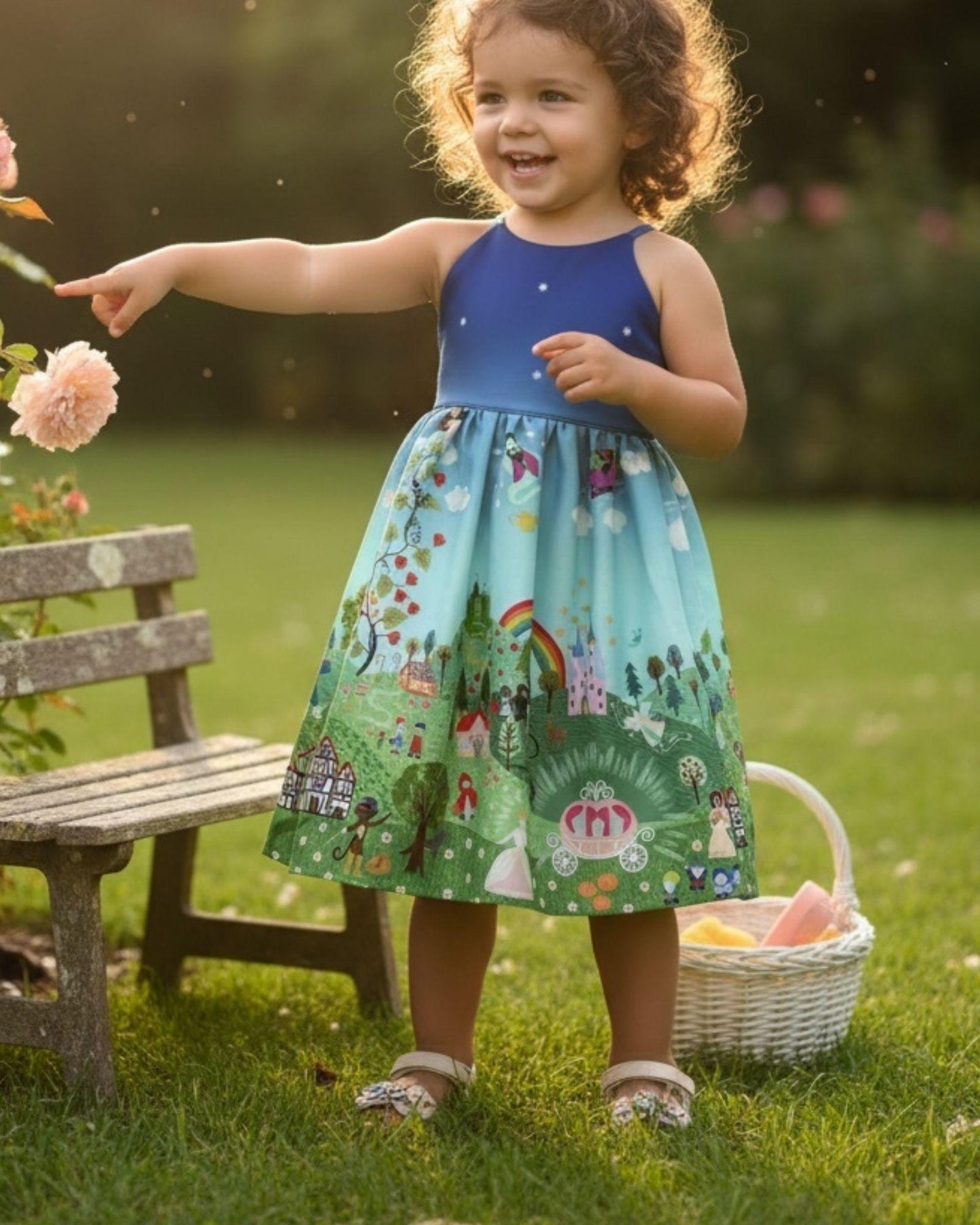 Child in a colorful dress standing outdoors with a bench and flowers in the background