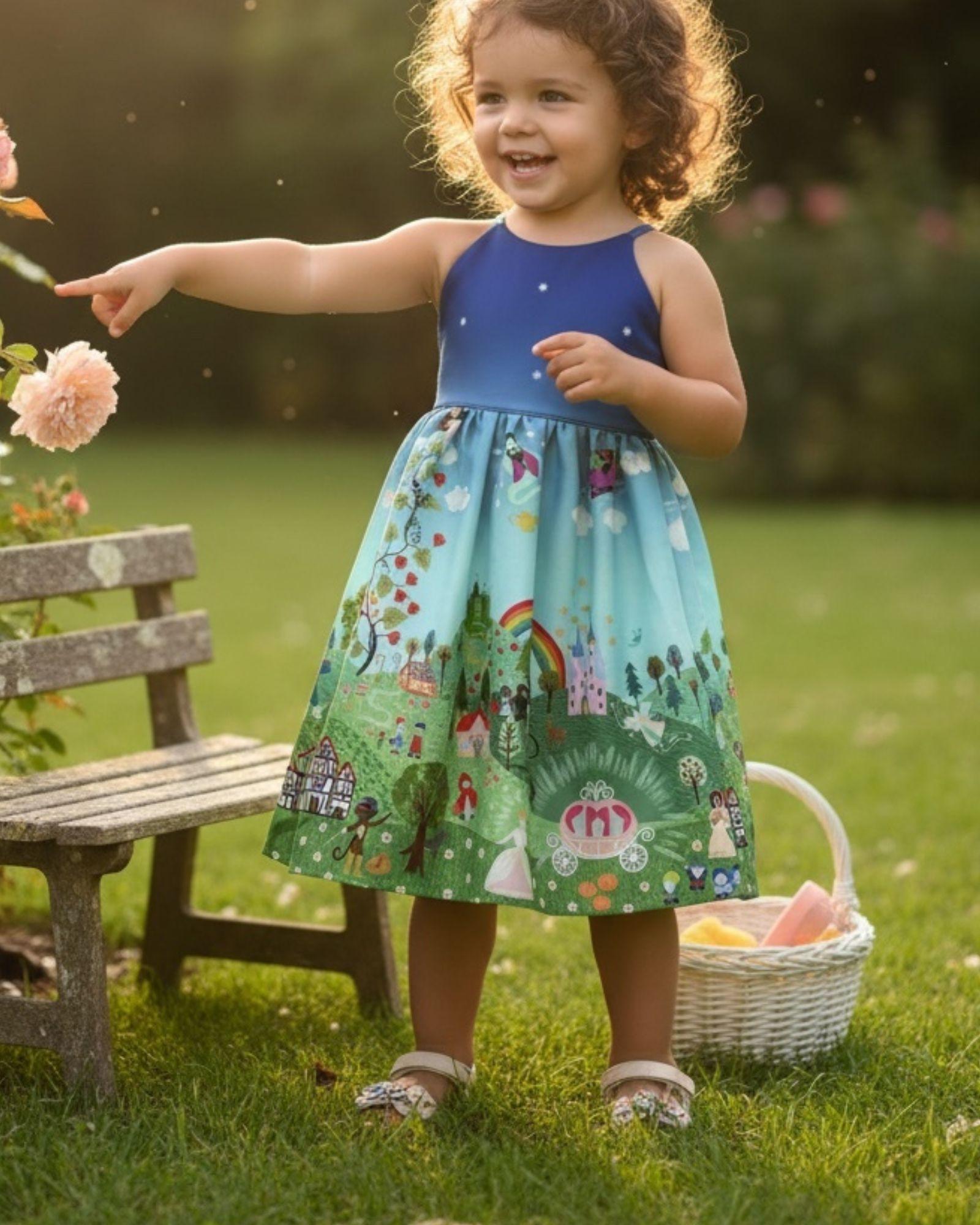 Child in a colorful dress standing outdoors with a bench and flowers in the background