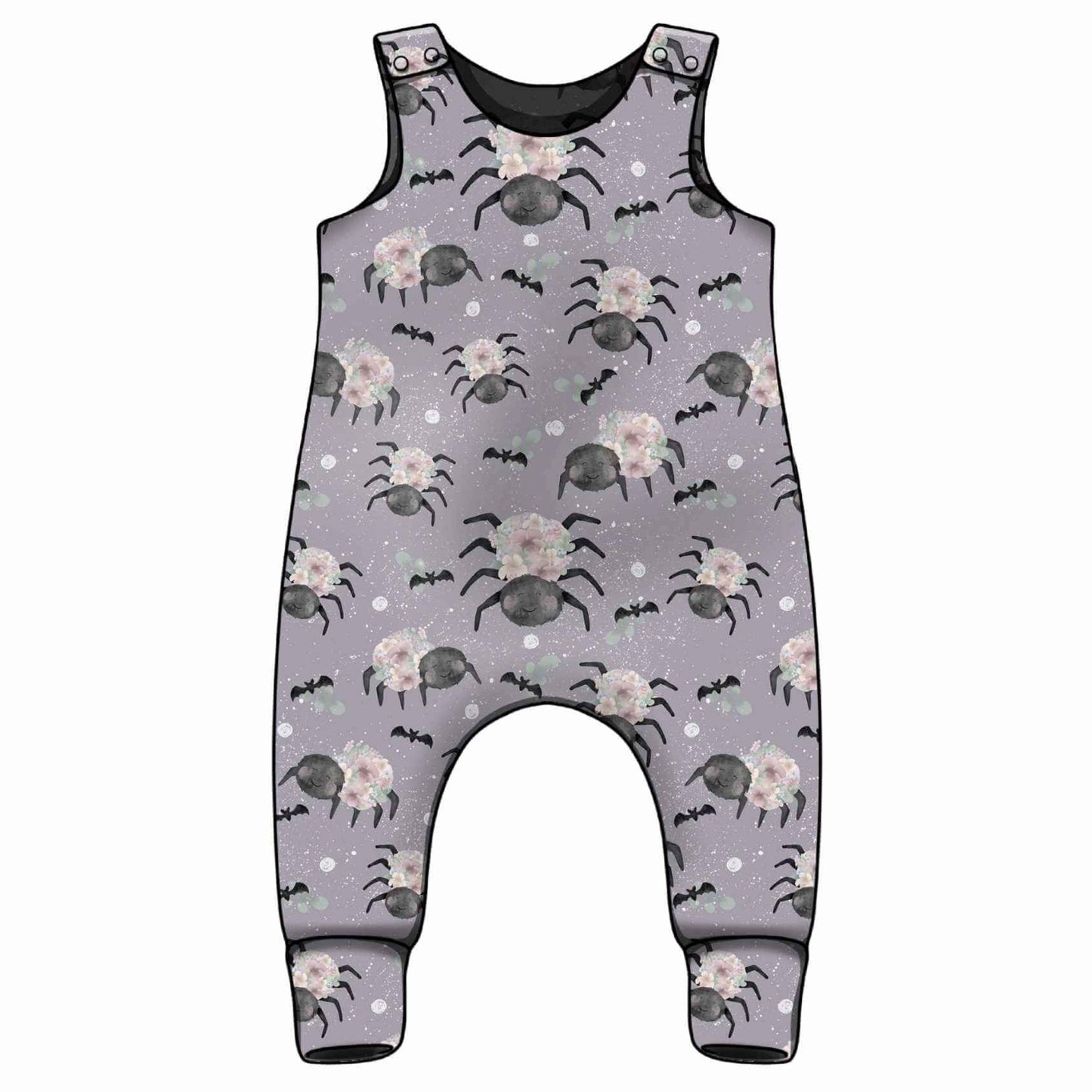 Handmade floral spider print baby romper with purple background 