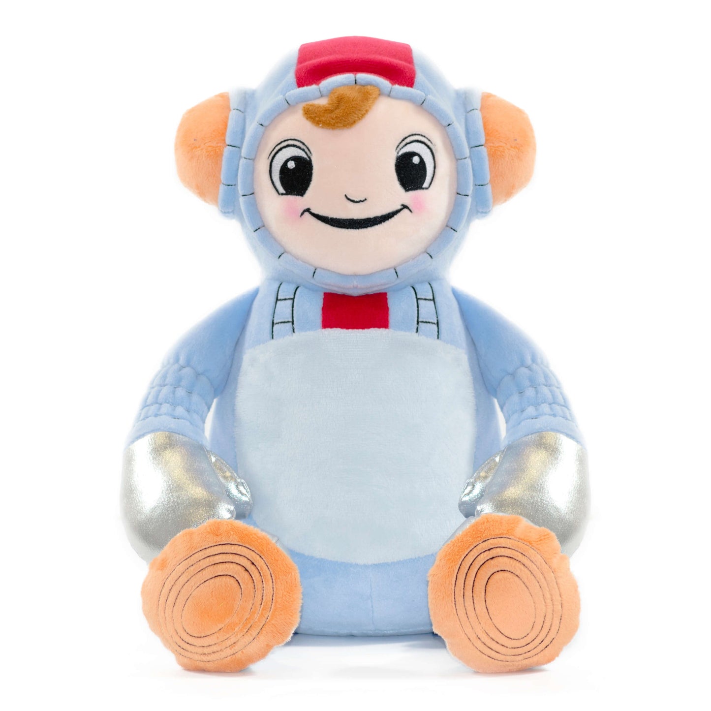 Galaxander the astronaut soft toy with helmet and silver gloves and personalised with embroidery