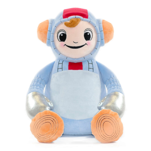Galaxander the astronaut soft toy with helmet and silver gloves and personalised with embroidery