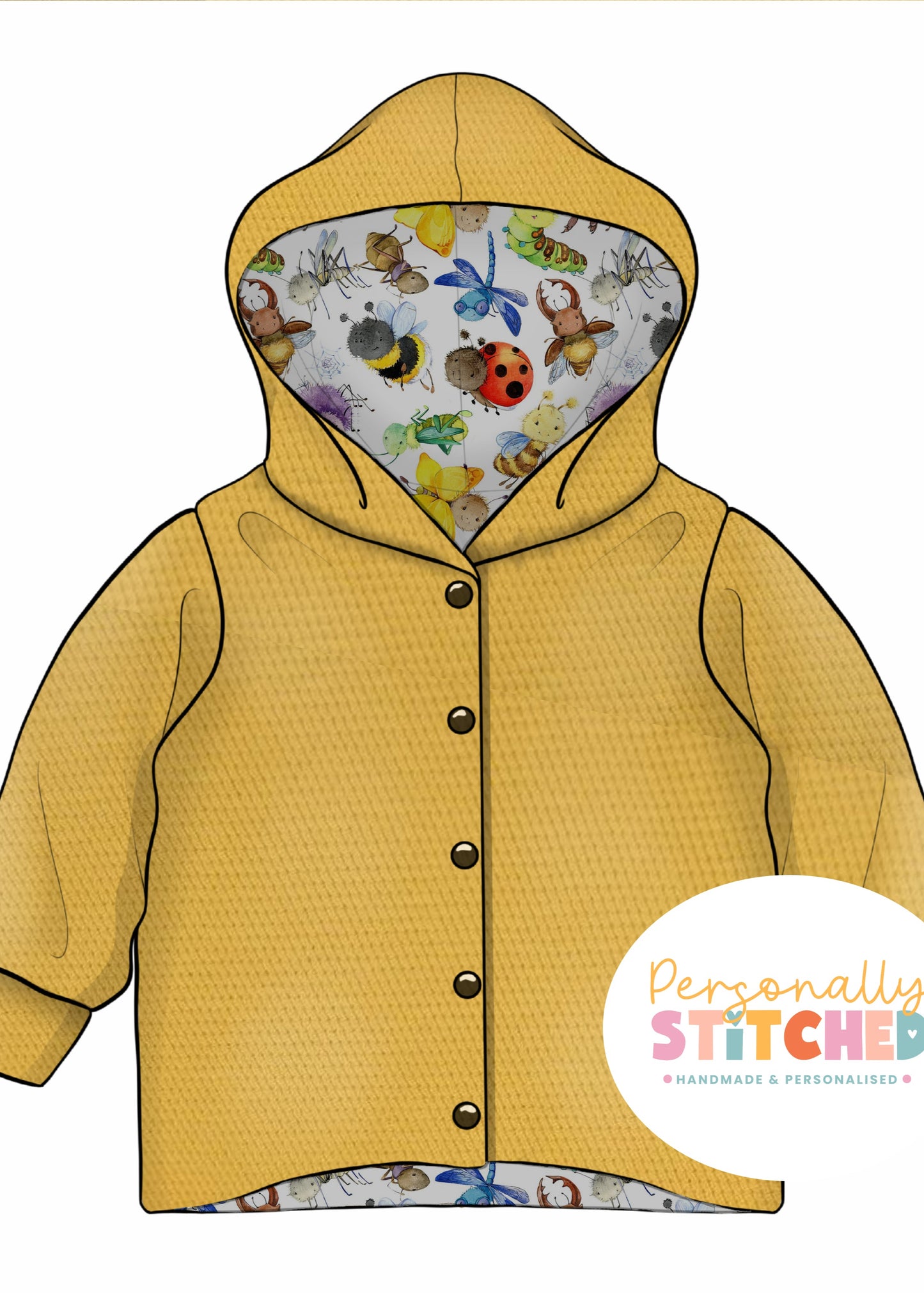 Happy Bugs Print & Yellow Waffle Knit Hooded Cardigan