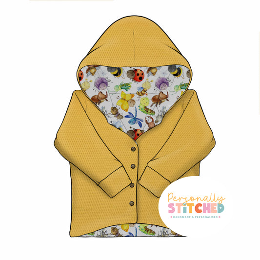 Happy Bugs Print & Yellow Waffle Knit Hooded Cardigan