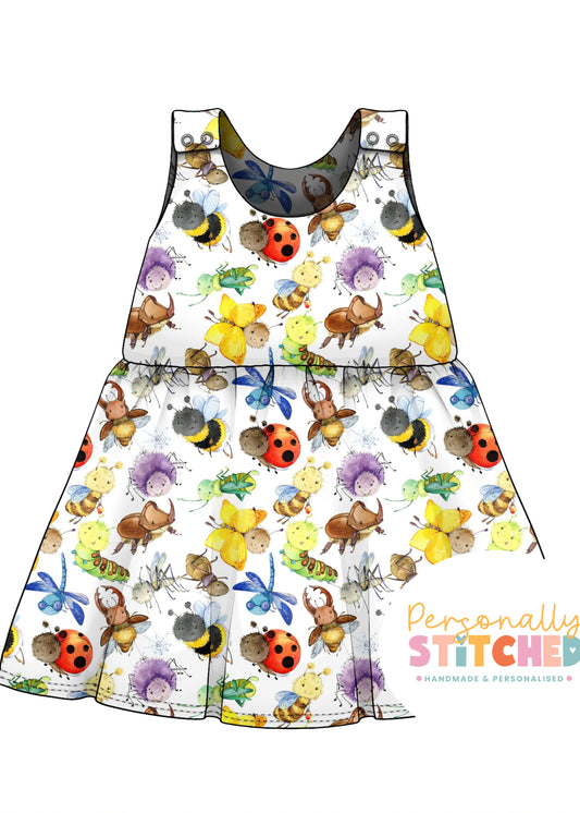 Happy Bugs Print French Terry Blossom Dress (Handmade To Order)