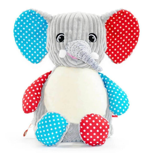 Harley the blue and red sensory elephant soft toy with personalised name embroidery