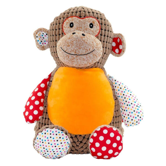 Huggles the colourful patchwork monkey soft toy with embroidered personalised name