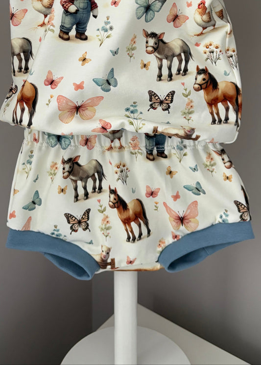 On The Farm Print Organic Jersey Shorts (Handmade To Order)