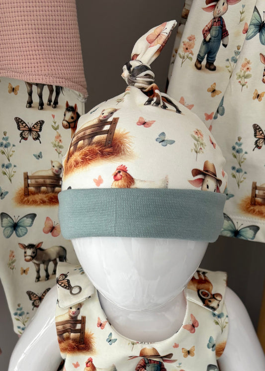On The Farm Print Handmade Tie Knot Baby Hat