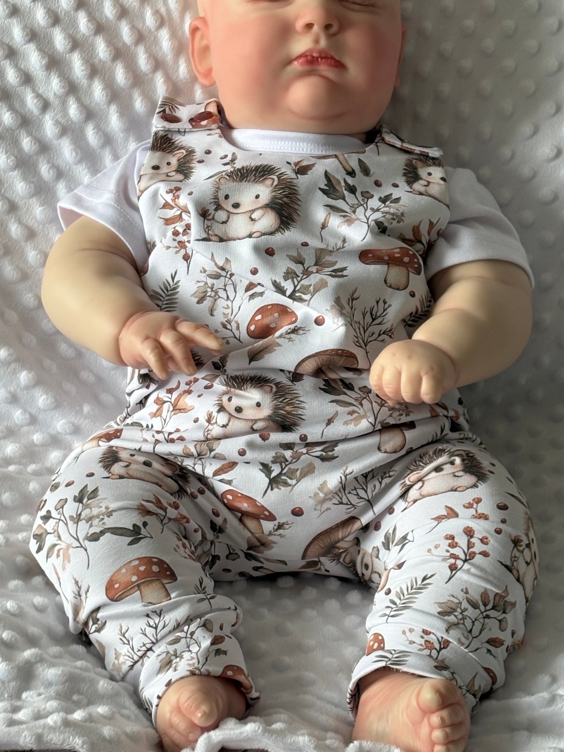 Baby dressed in Hedgehog print romper with plain white tshirt under
