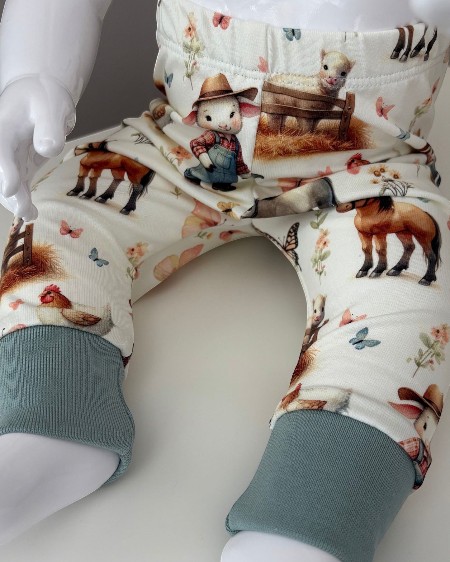 0-3 Months | On The Farm | Sea Green Rib Cuffs| Handmade Jersey Leggings | READY TO POST