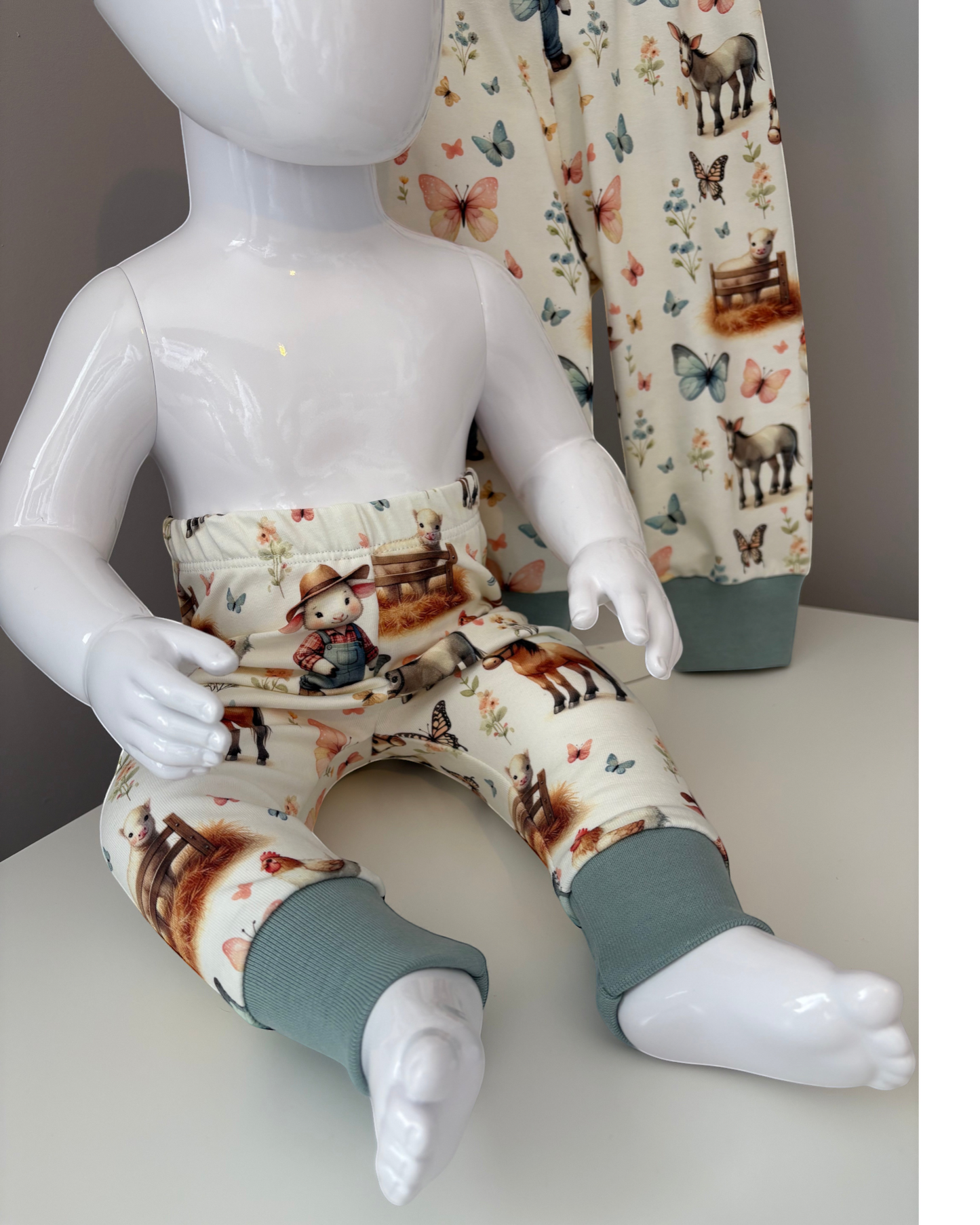 0-3 Months | On The Farm | Sea Green Rib Cuffs| Handmade Jersey Leggings | READY TO POST